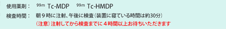 骨シンチグラフィの使用薬剤と検査時間の説明図